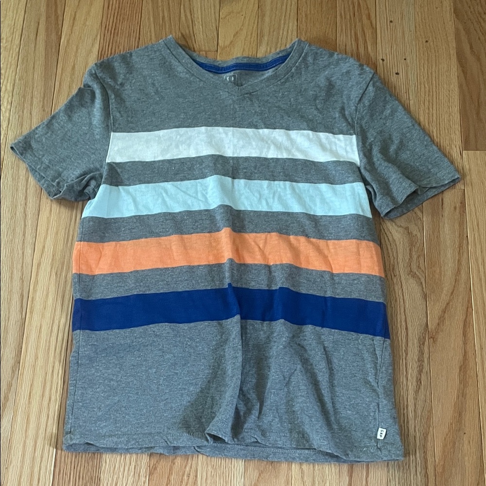GAP T Shirt Boys XL Gray Blue Striped Short Sleeve Cotton Casual